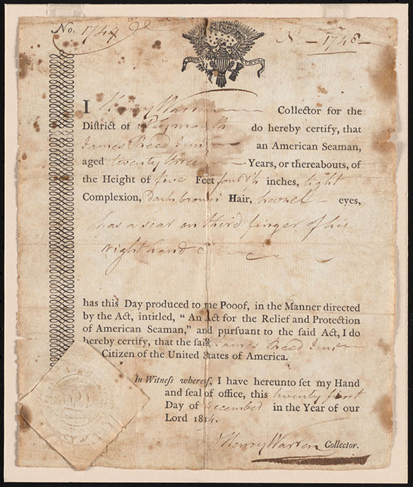 Seaman’s Protection Certificate for James Reed, Jr., December 21, 1814